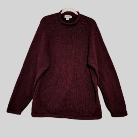 VTG 90s J CREW Roll Neck Collar Knit 100% Cotton Fisherman Burgundy Sweater L - Picture 1 of 7